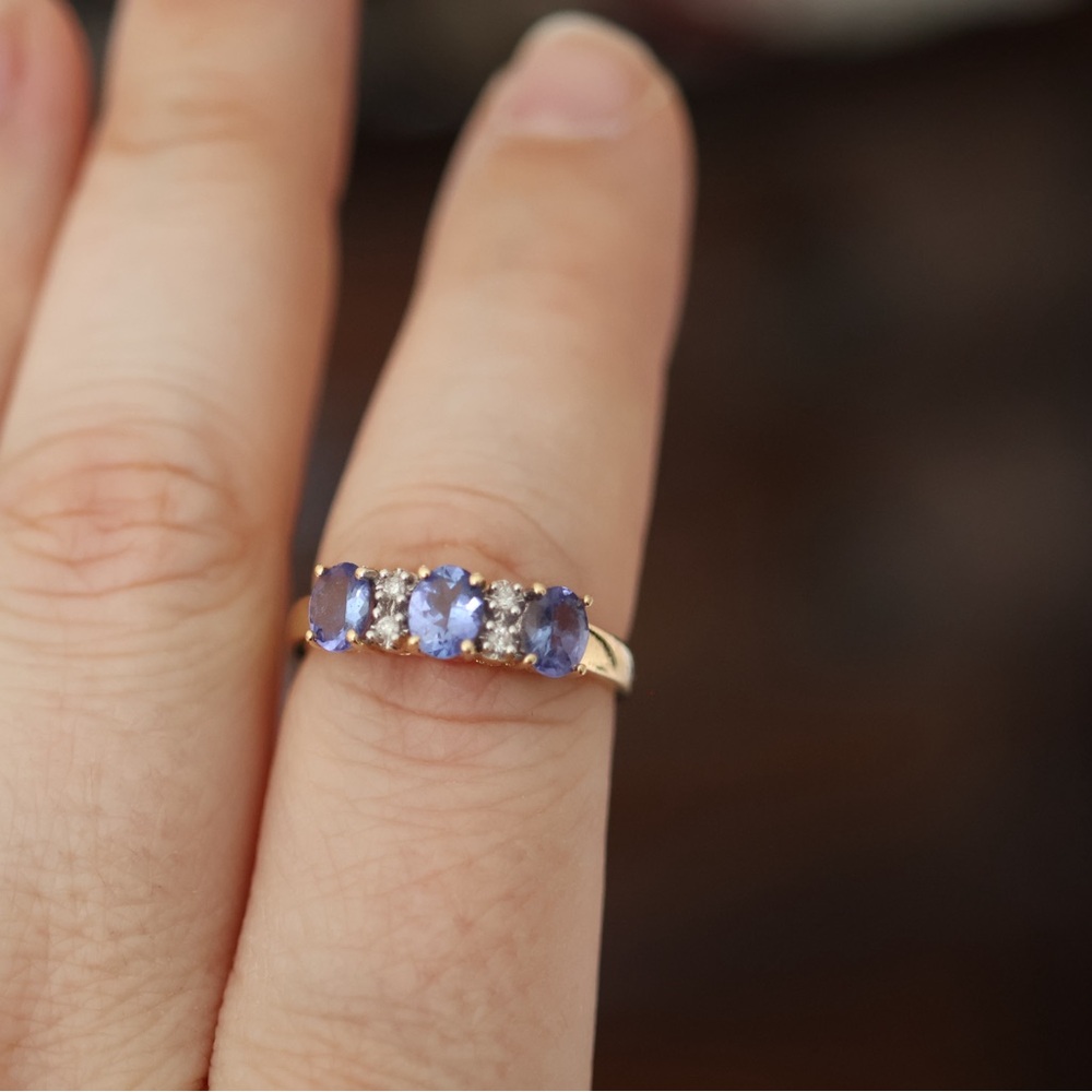 Three-Stone Blue Sapphire and Diamond Gold Ring 14k - Picture 3 of 9
